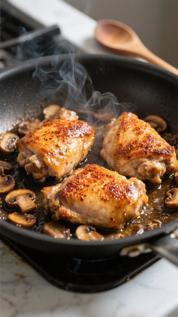 Cooking process — Searing stage: Close-up of golden, crackling skin-on chicken thighs searing in a