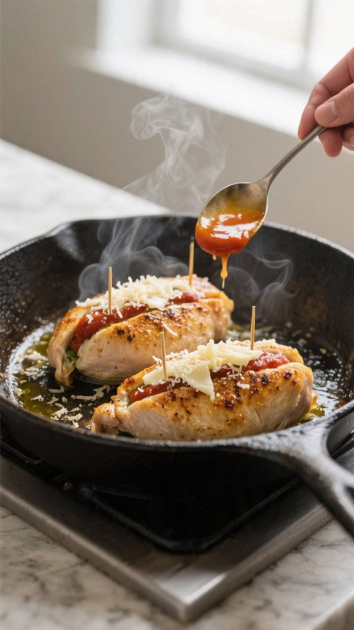 Cooking process: Searing stuffed chicken breasts in an oven-safe skillet, golden crust forming from 