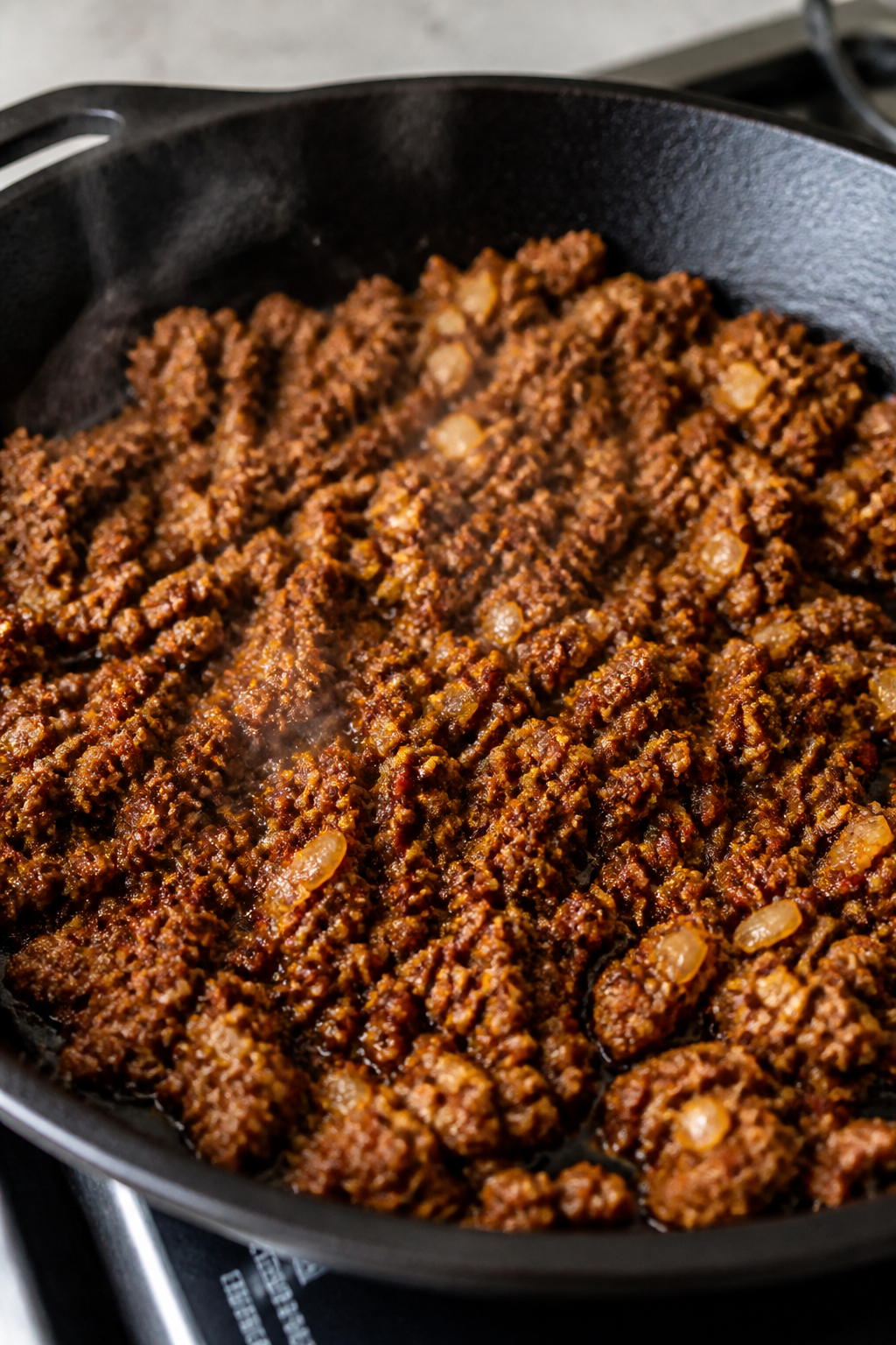 Cooking process — Seasoned keto taco beef sizzling in a cast-iron skillet: browned, juicy crumbles