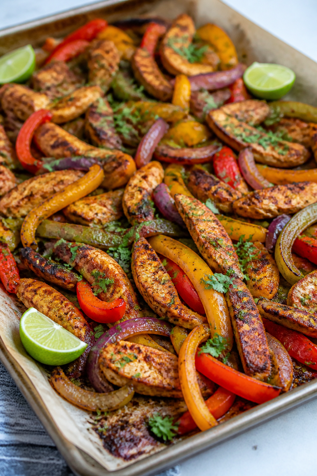 Cooking process, sheet-pan roast: Close-up of sizzling, fully cooked keto chicken fajitas straight f