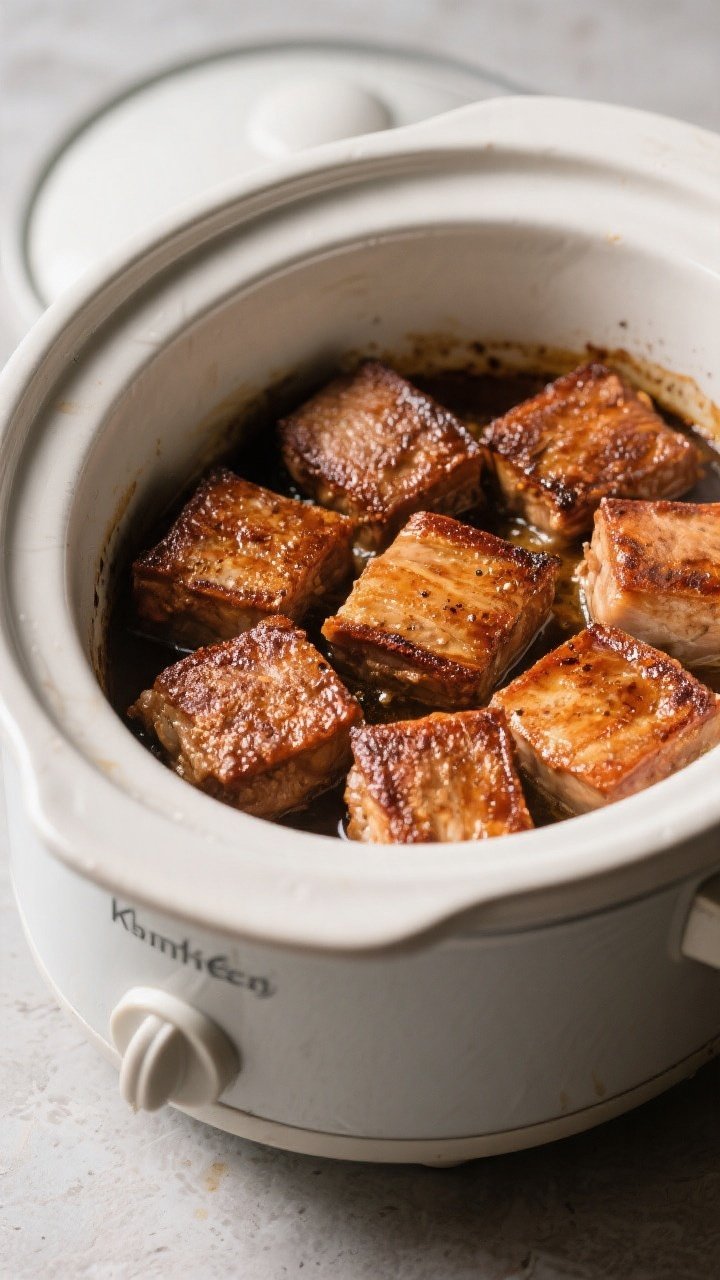 Cooking process shot: Crockpot interior filled with evenly sized, browned