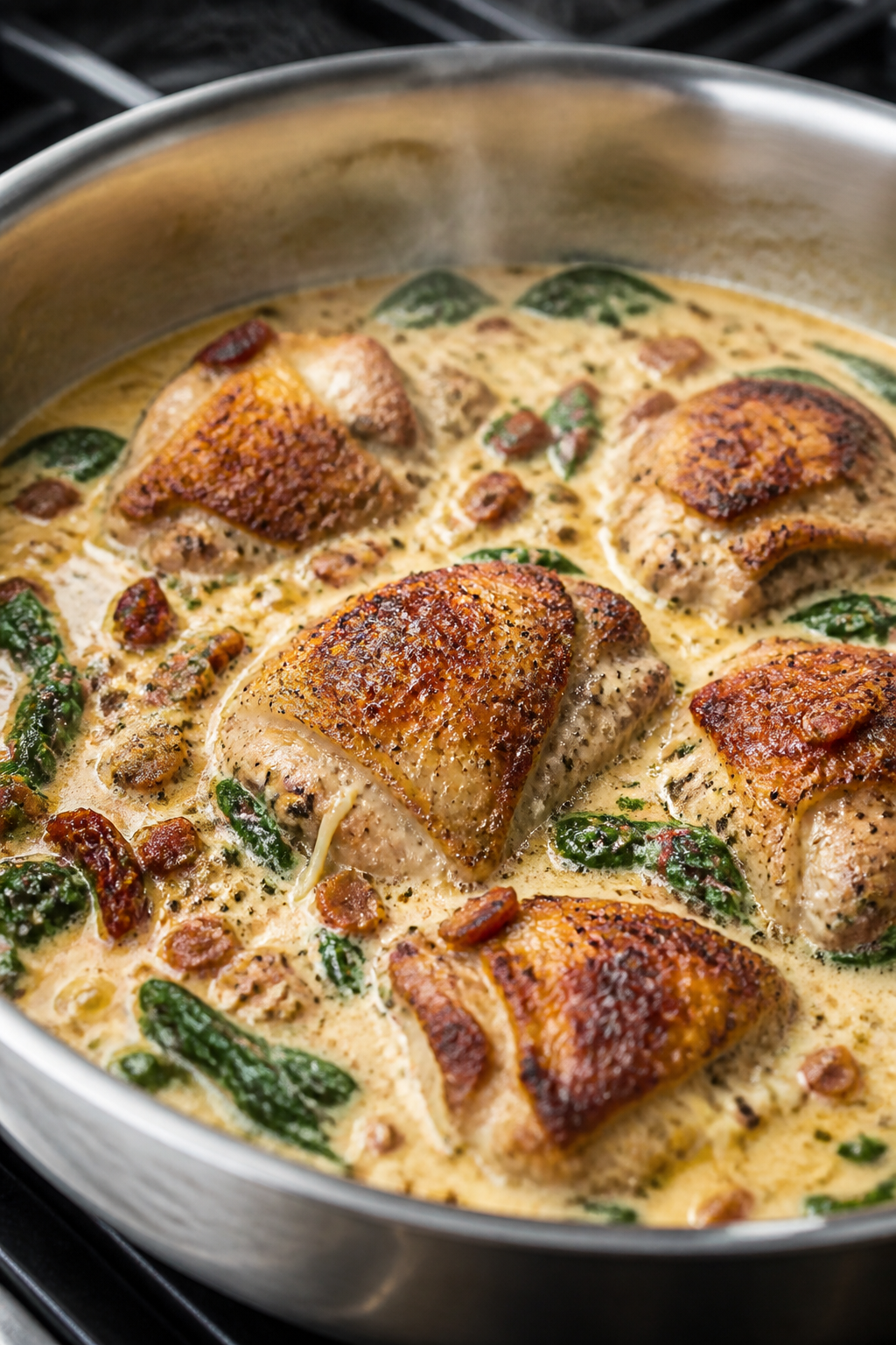 Cooking process shot: Golden-seared chicken thighs nestled back into a bubbling “million dollar”