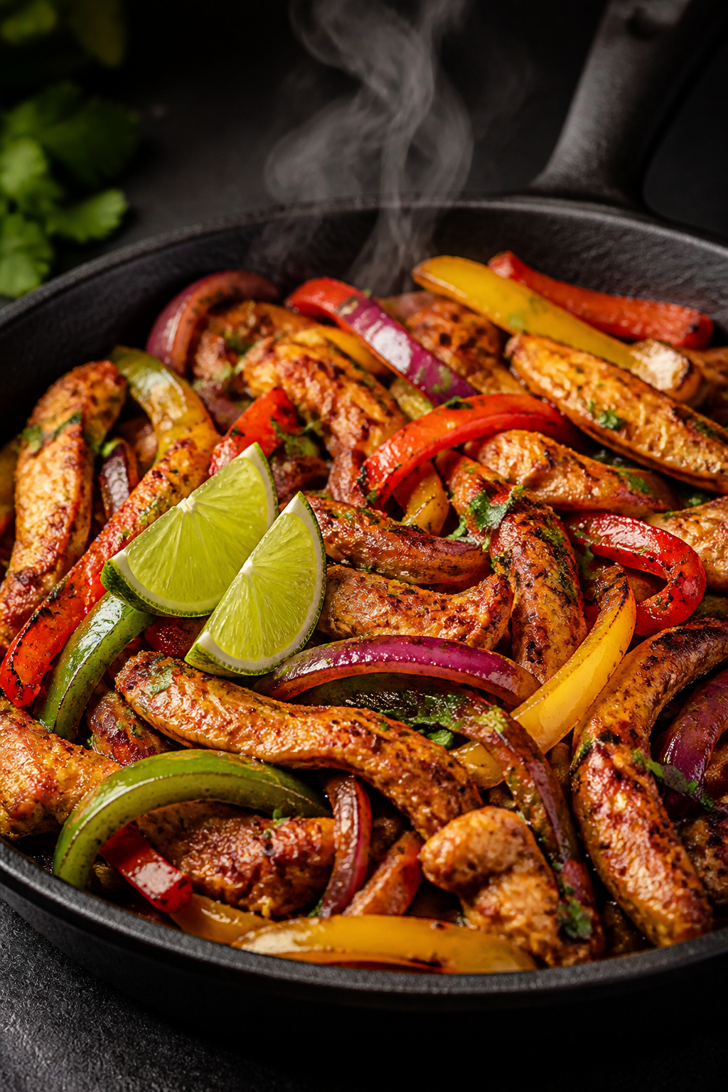 Cooking process – Sizzling chicken fajitas in skillet: Thin strips of marinated chicken breasts se