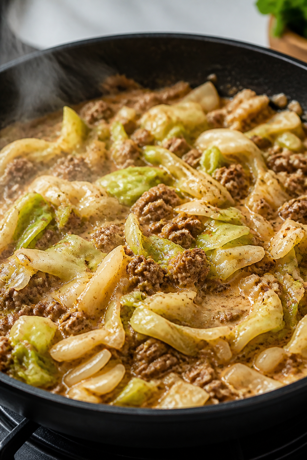 Cooking process, skillet action: Creamy keto ground beef and cabbage sizzling in a large black skill