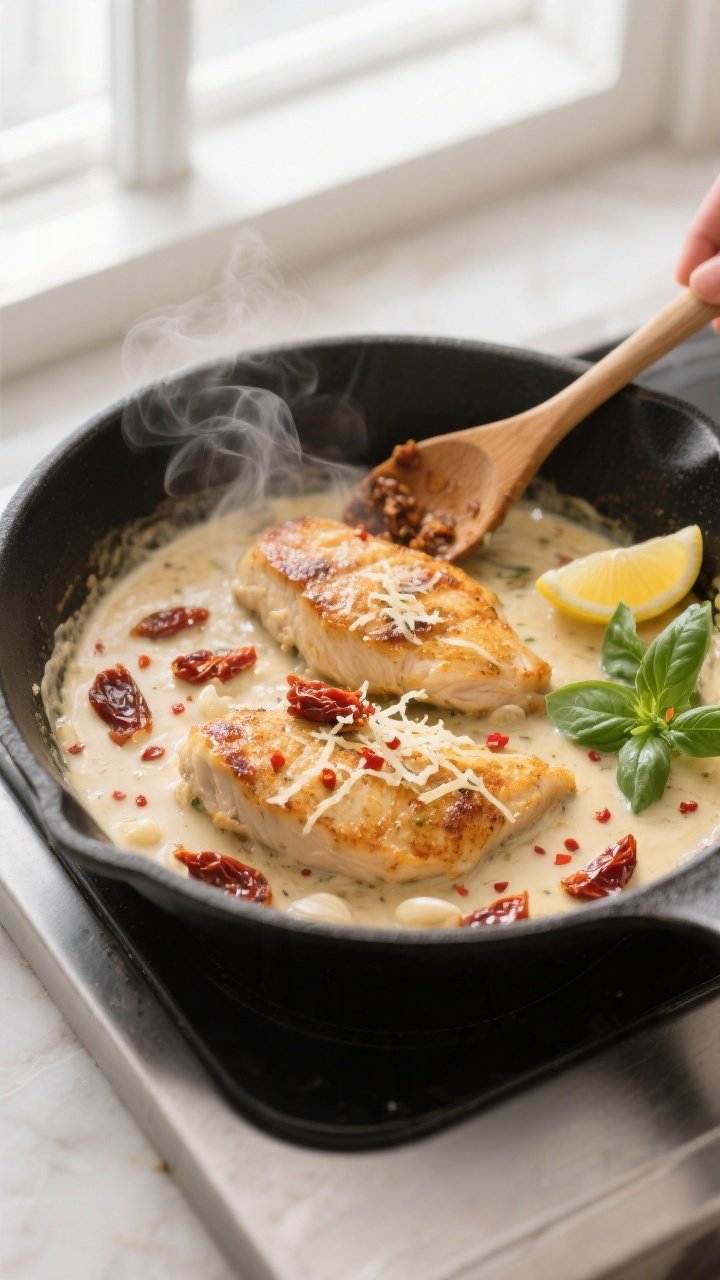 Cooking process, skillet action: Golden-seared chicken cutlets simmering in a creamy garlic-Parmesan