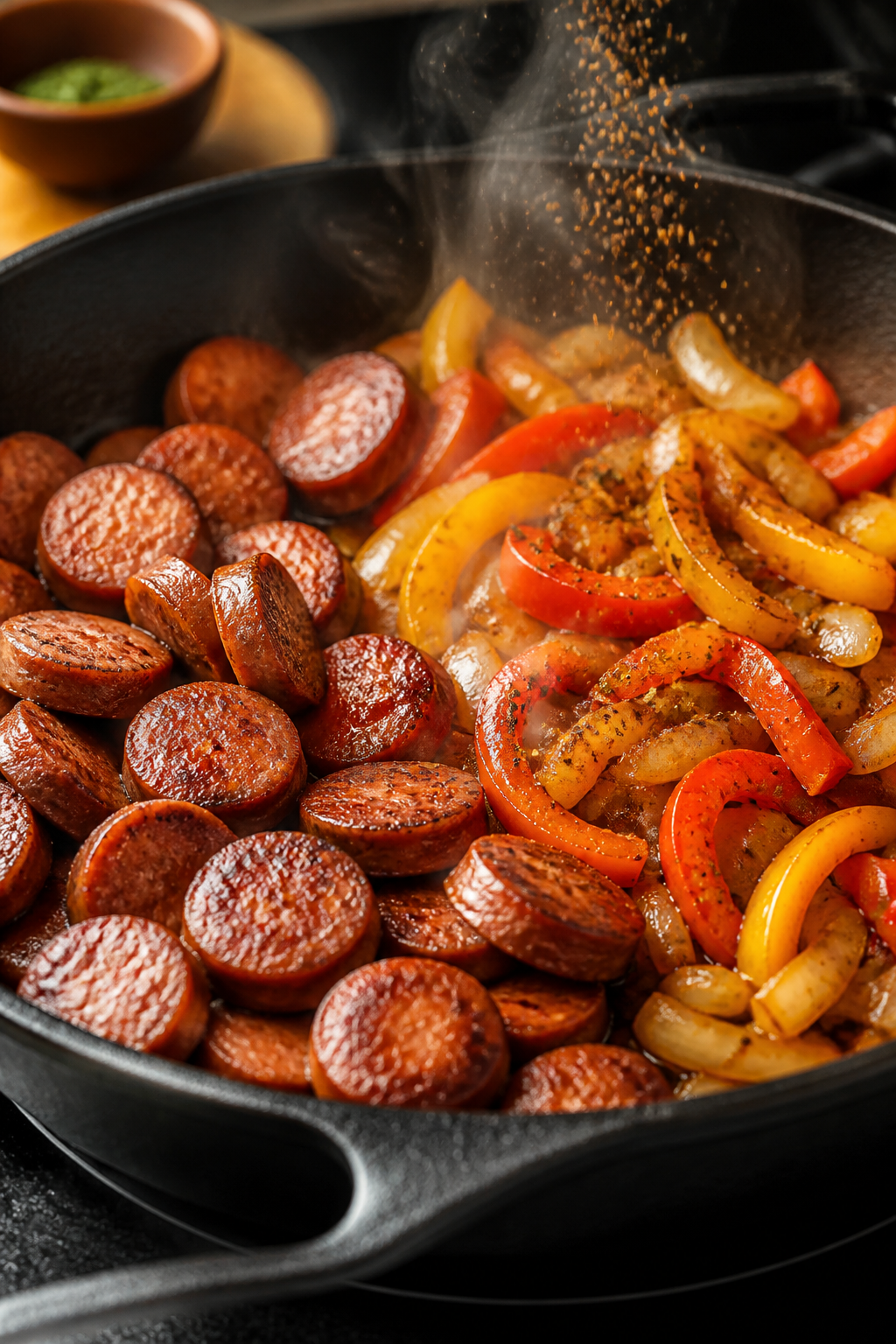 Cooking process, skillet action: Sliced andouille sausage browning in a large black cast-iron skille
