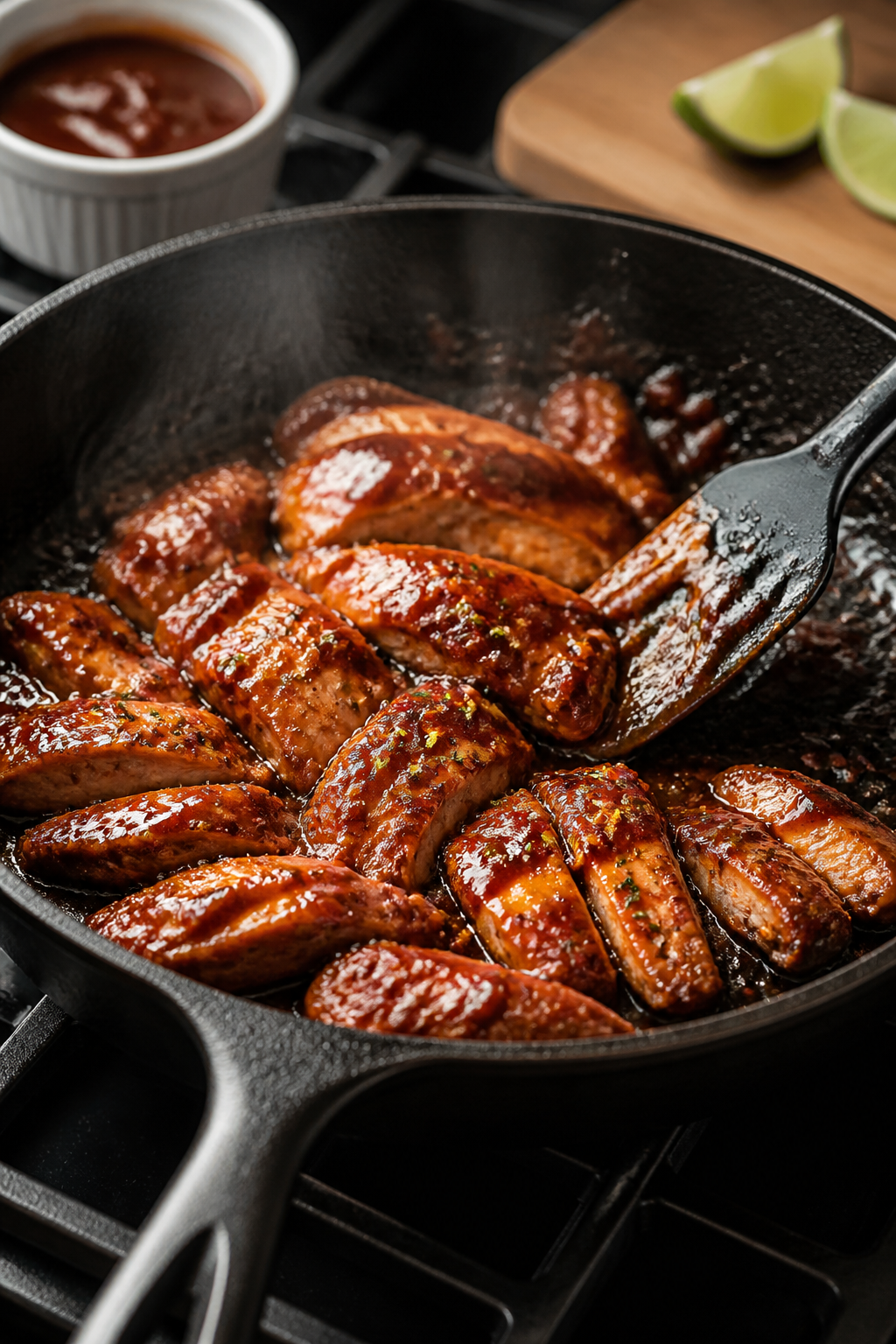 Cooking process, skillet action: Sliced, seared chicken thighs being tossed in a glossy sugar-free B
