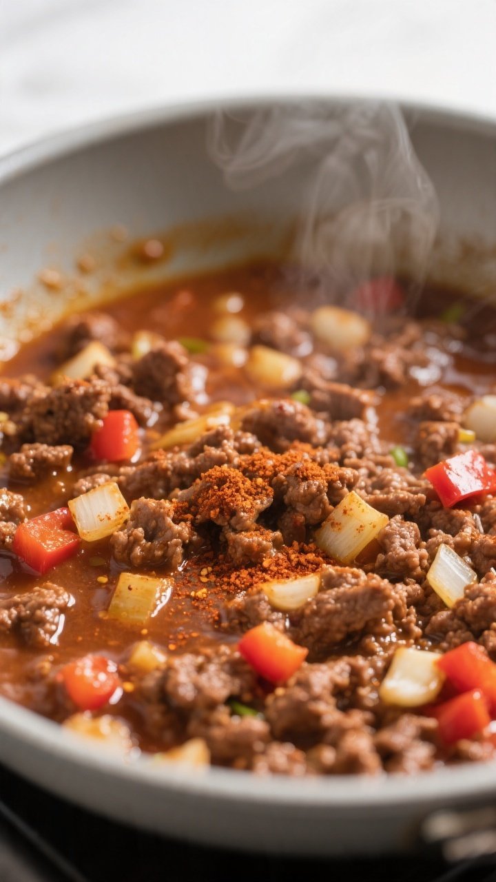 Cooking process, skillet close-up: A tight, shallow-depth-of-field shot of browned ground beef simme