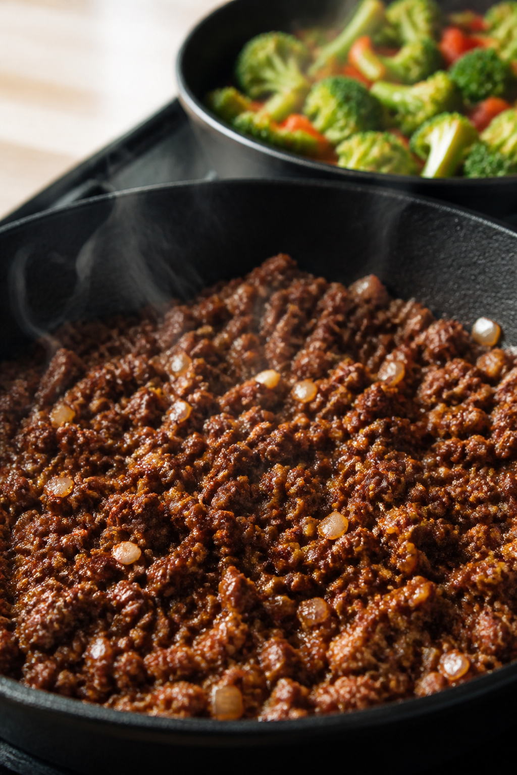 Cooking process, skillet sizzle: Ground beef browned with finely diced onion and minced garlic in a 