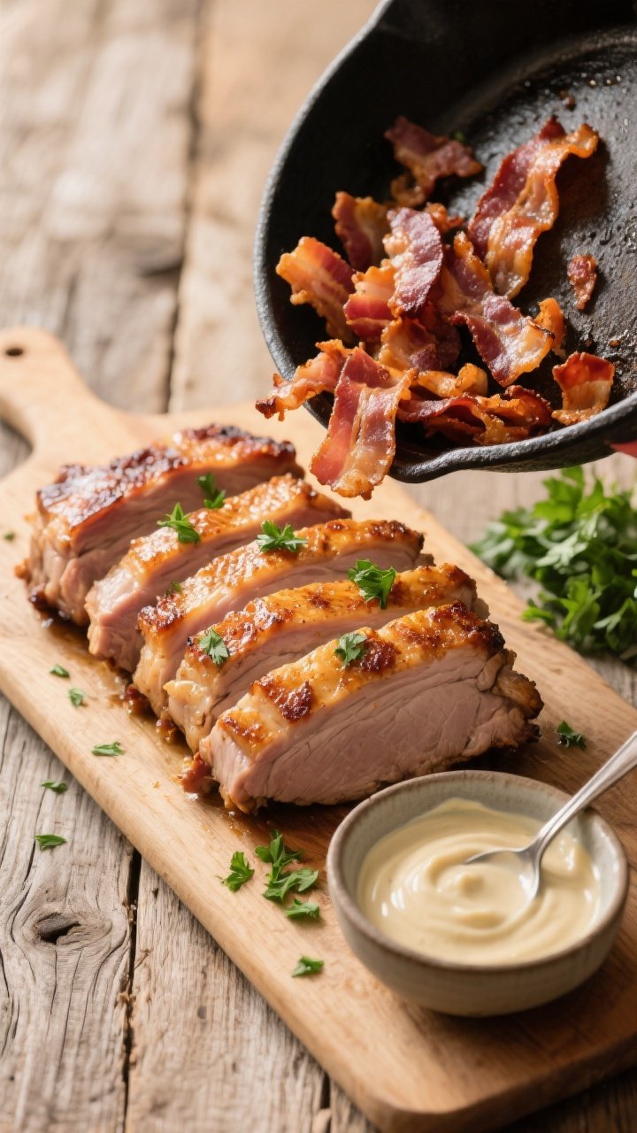 Cooking process: Sliced, sizzling bacon just out of the skillet being crumbled over thick slices of 