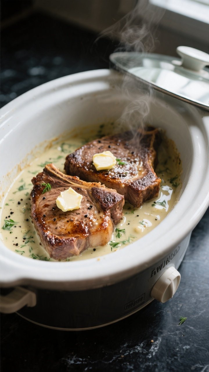Cooking process — Slow cooker action: Overhead shot of browned pork chops nestled in a crockpot, s