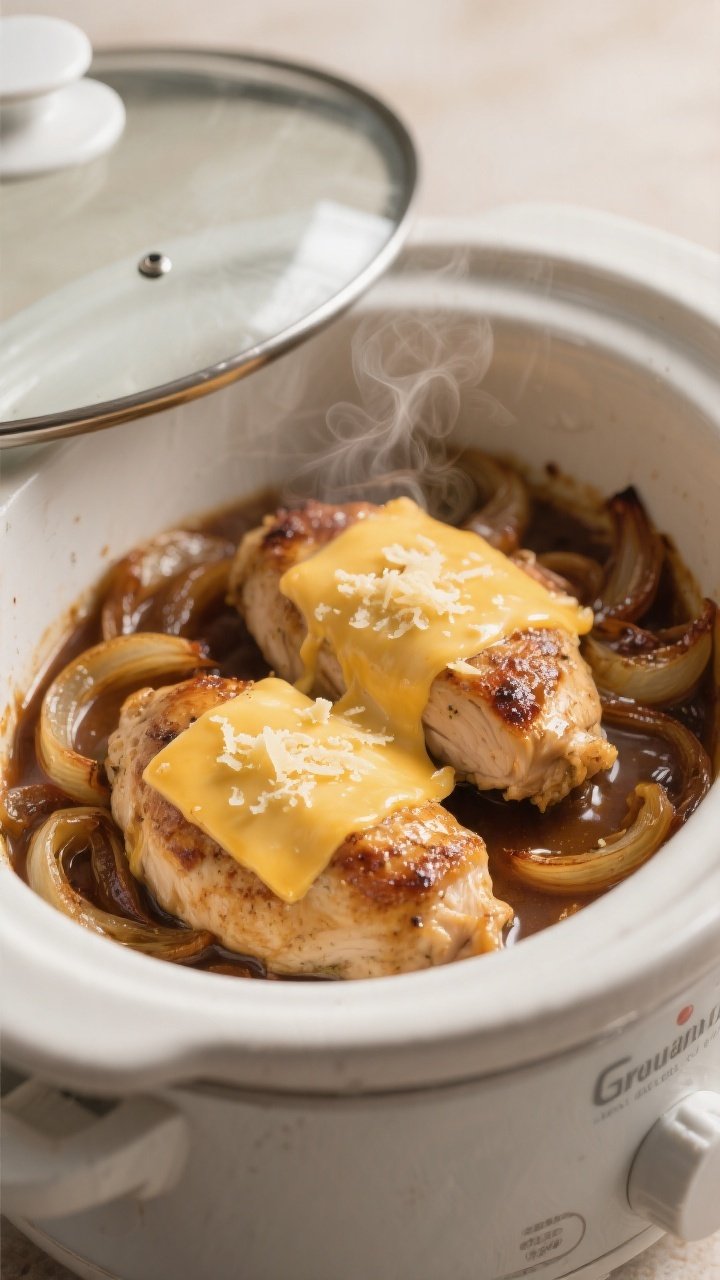 Cooking process: Slow cooker scene with tender, fully cooked chicken breasts nestled into a bed of c