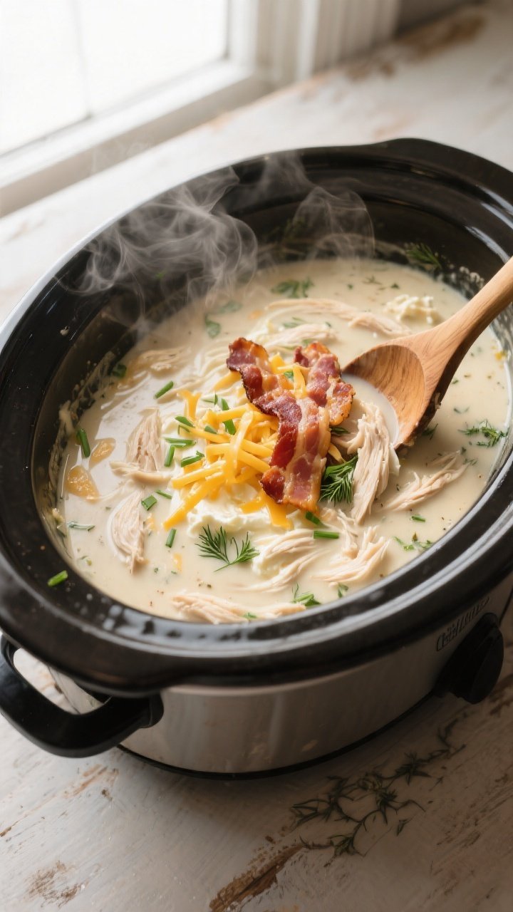 Cooking process: Steaming crockpot of Keto Chicken Bacon Ranch Soup mid-simmer, overhead shot showin