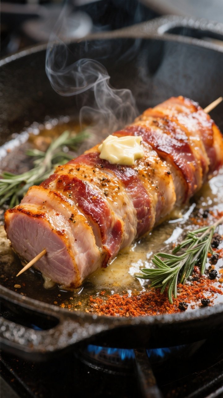 Cooking process, stovetop sear: Bacon-wrapped pork tenderloin sizzling in a large oven-safe skillet,