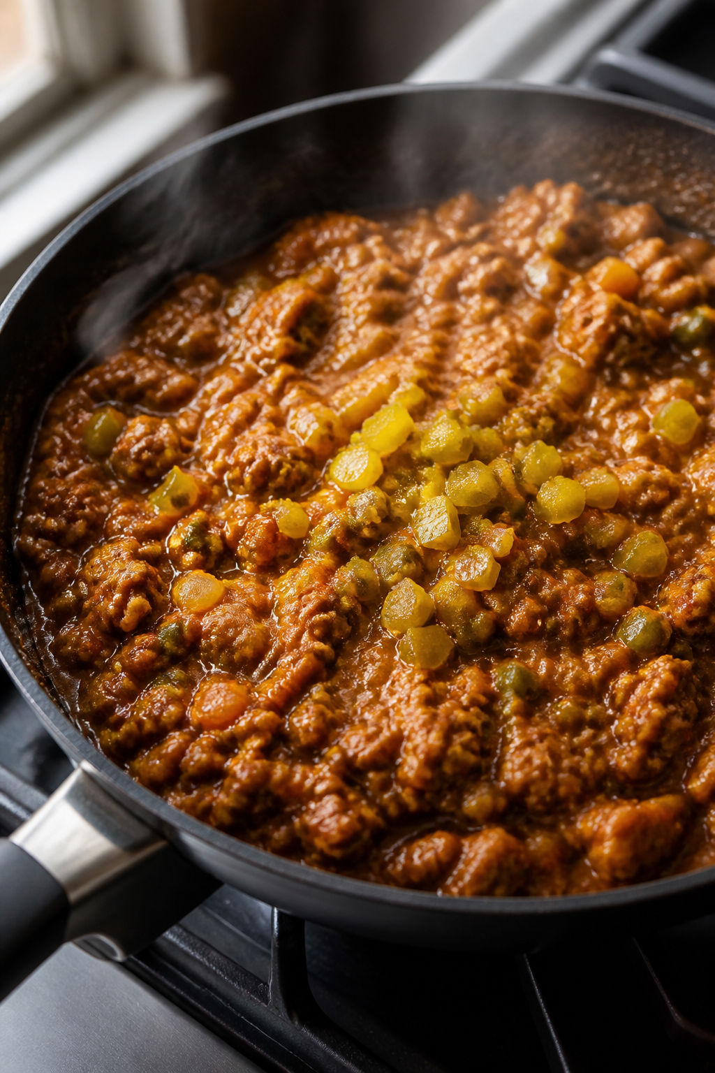 Cooking process, stovetop skillet: Close-up of the cheeseburger mixture simmering in a large black s
