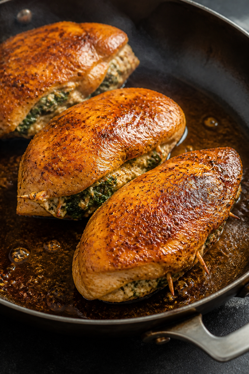 Cooking process: Stuffed chicken breasts being seared in a large oven-safe skillet, edges secured wi
