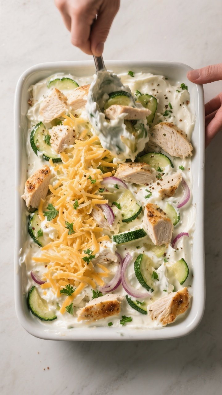 Cooking process: The creamy chicken-zucchini mixture being spread into a lightly greased 9x13 baking