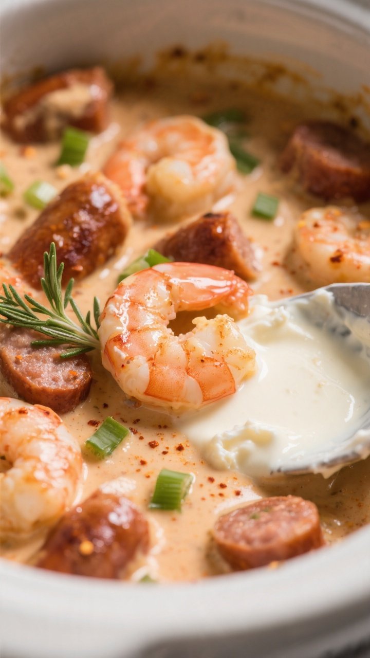 Creamy finish close-up — Silky, low-carb sauce clinging to juicy shrimp and browned andouille in t