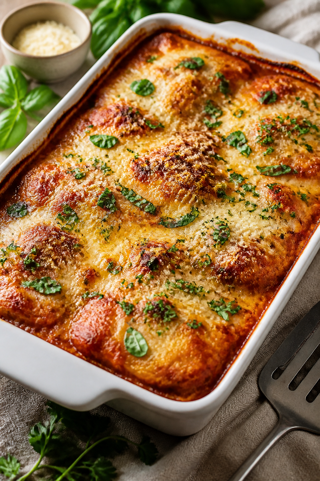 Final baked hero shot: Golden, bubbly Keto Chicken Parmesan Casserole just out of the oven, three-qu