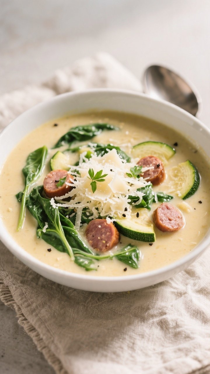 Final creamy bowl presentation: Keto Crockpot Sausage Spinach Soup ladled into a wide, shallow white