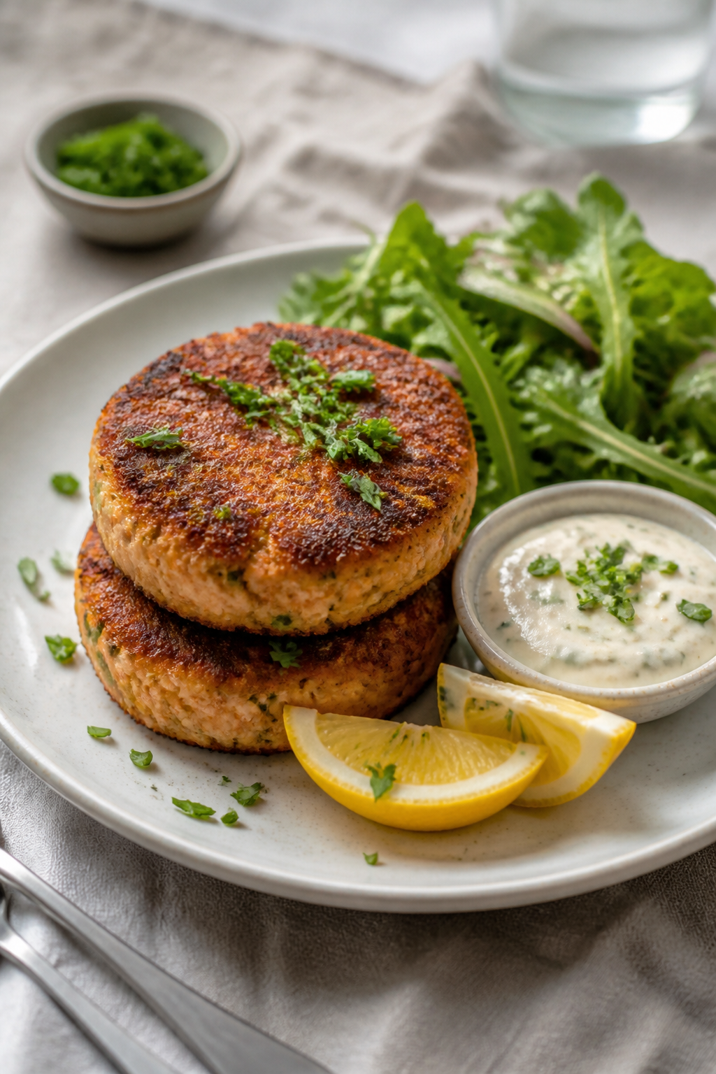 Final dish: Beautifully plated Crispy Almond Flour Keto Salmon Patties stacked two-high on a matte w