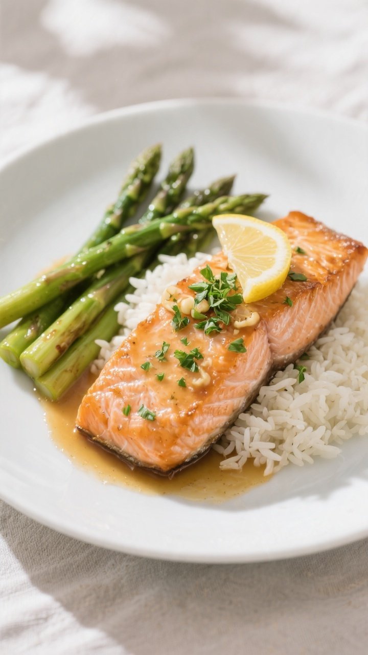 Final dish: Beautifully plated honey garlic butter salmon on a matte white dinner plate, fillet napp