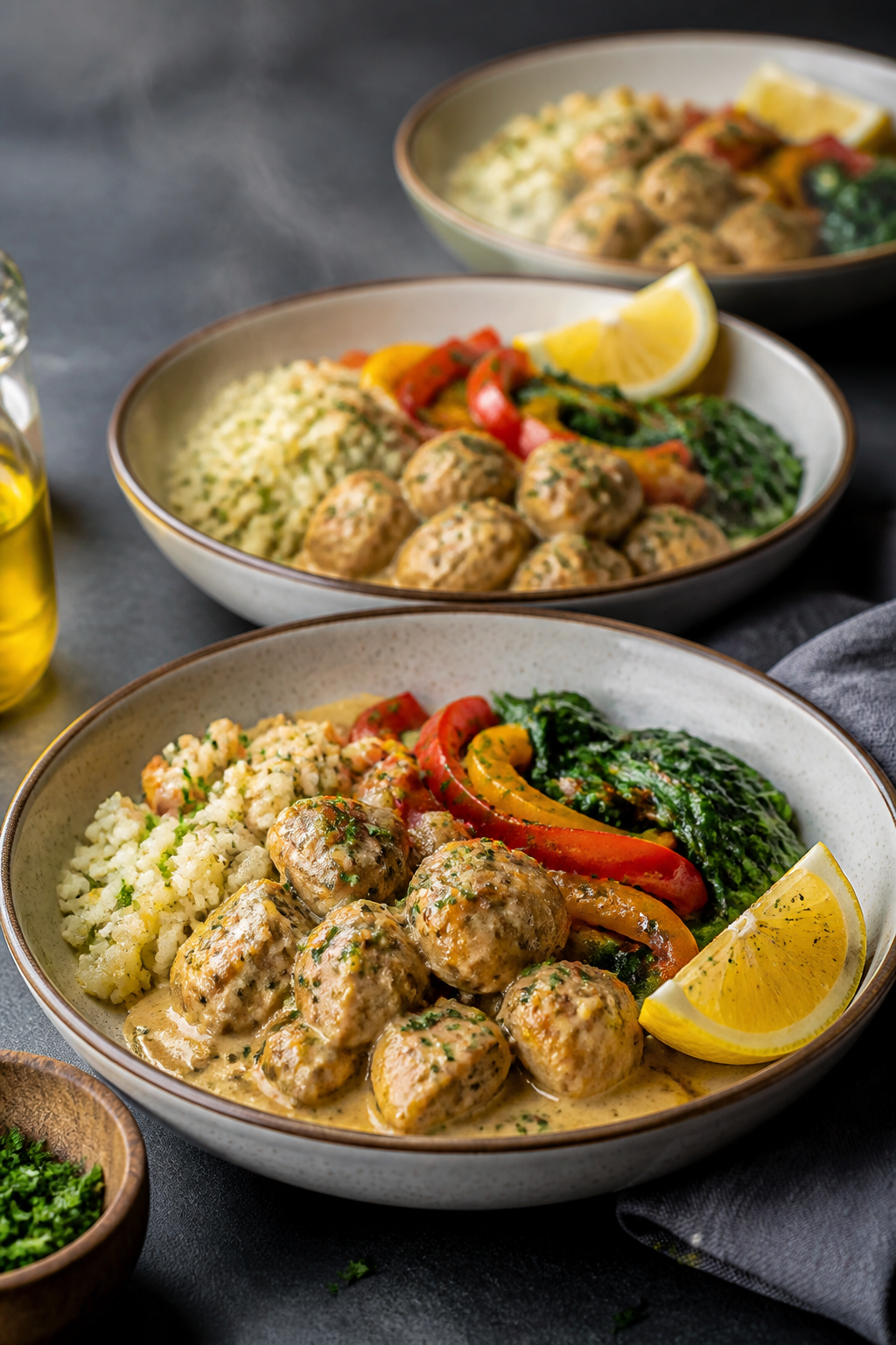 Final dish beauty: Restaurant-quality plated garlic chicken bowls for meal prep—three shallow bowl