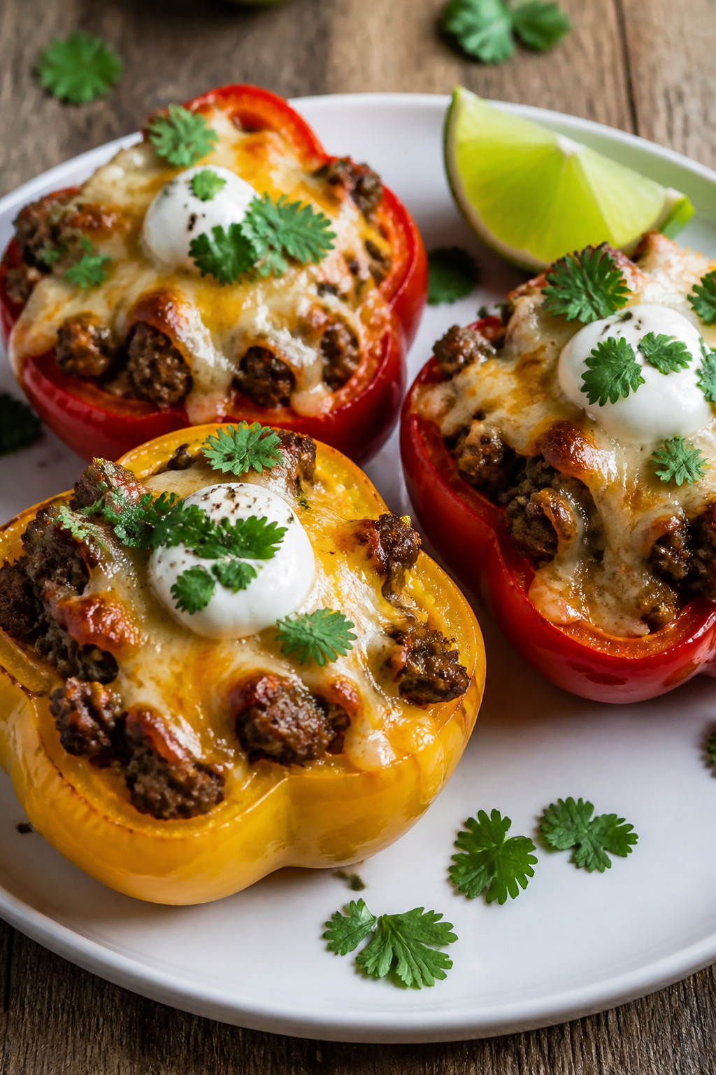 Final dish beauty shot: Keto Taco Stuffed Bell Peppers fresh from the oven, cheese melted and bubbli