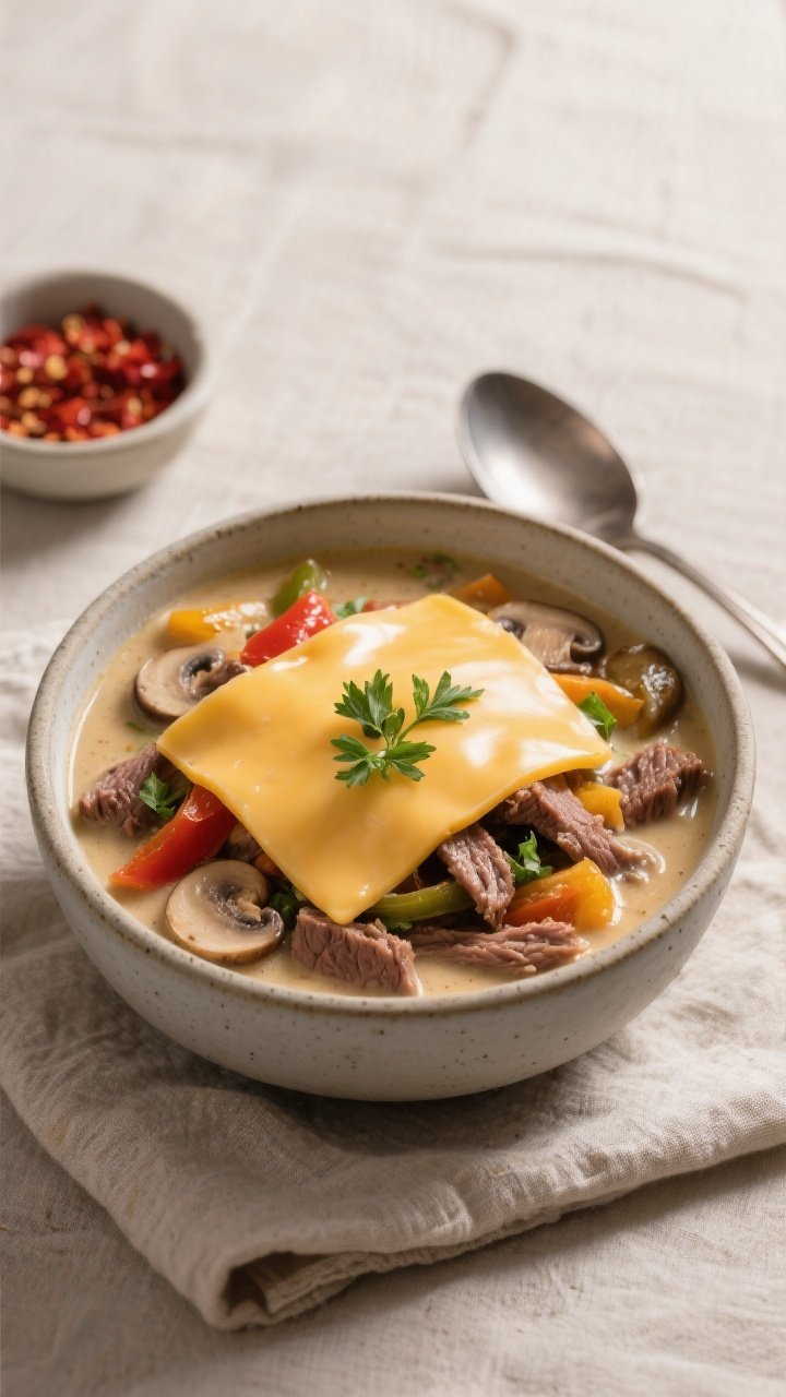 Final dish, bowl presentation: A cozy bowl of Keto Crockpot Philly Cheesesteak Soup with a silky, cr