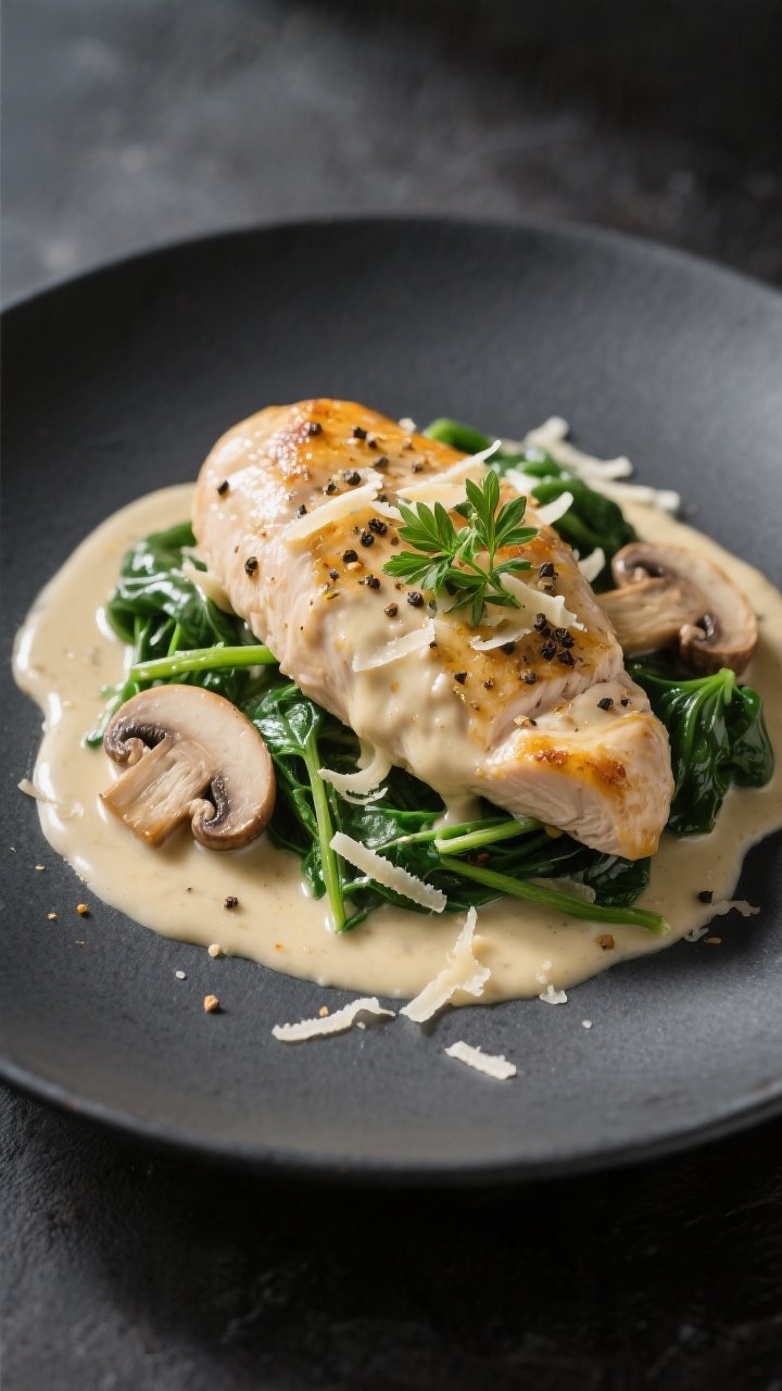 Final dish glamour: Restaurant-quality plated chicken breasts in creamy mushroom-thyme sauce with ba