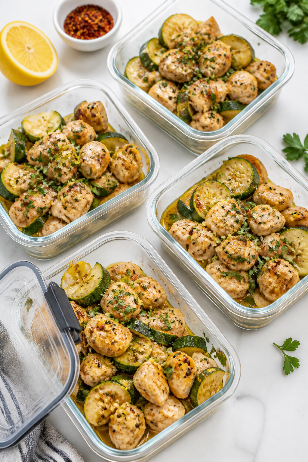 Final dish, meal-prep presentation: Beautifully portioned chicken zucchini skillet divided into four