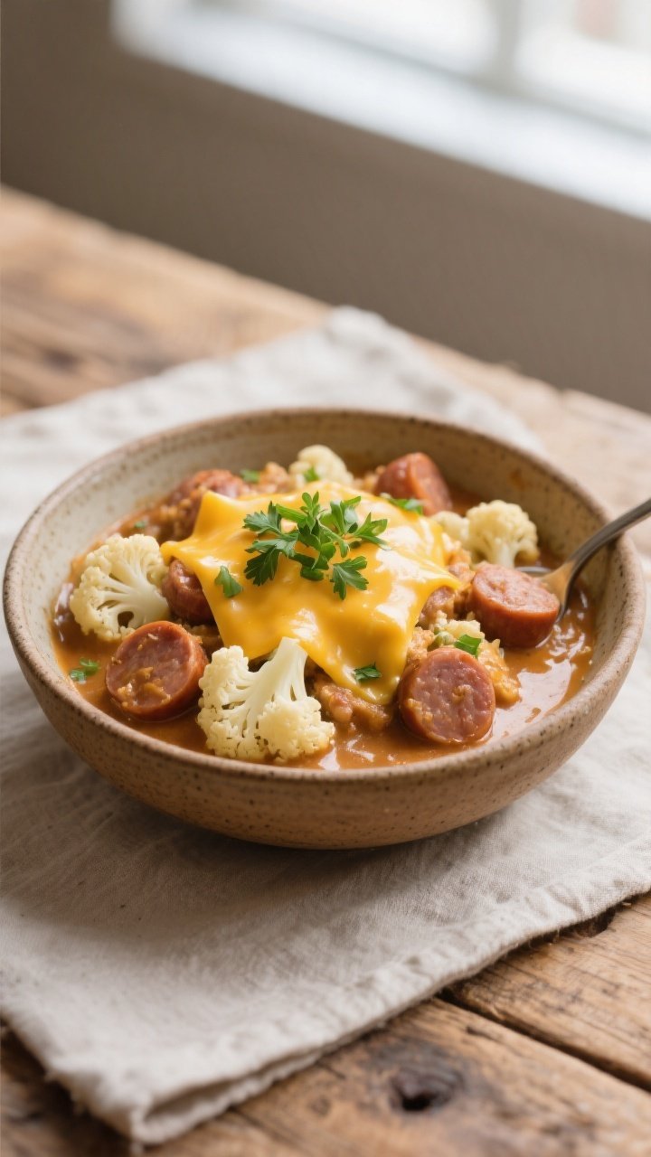 Final dish, plated beauty: Keto Crockpot Cheesy Sausage & Cauliflower spooned into a warm, shallow s