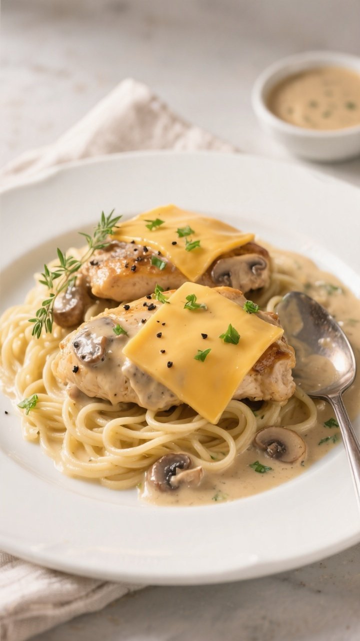 Final dish plated: Creamy Mushroom Swiss Chicken topped with perfectly melted Swiss cheese blankets 