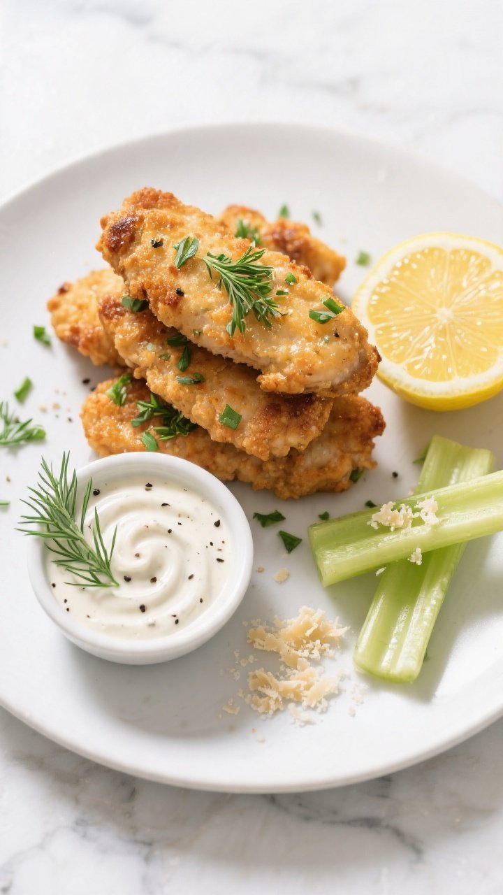 Final dish plated: Overhead top-down shot of crispy keto ranch chicken tenders stacked on a matte wh