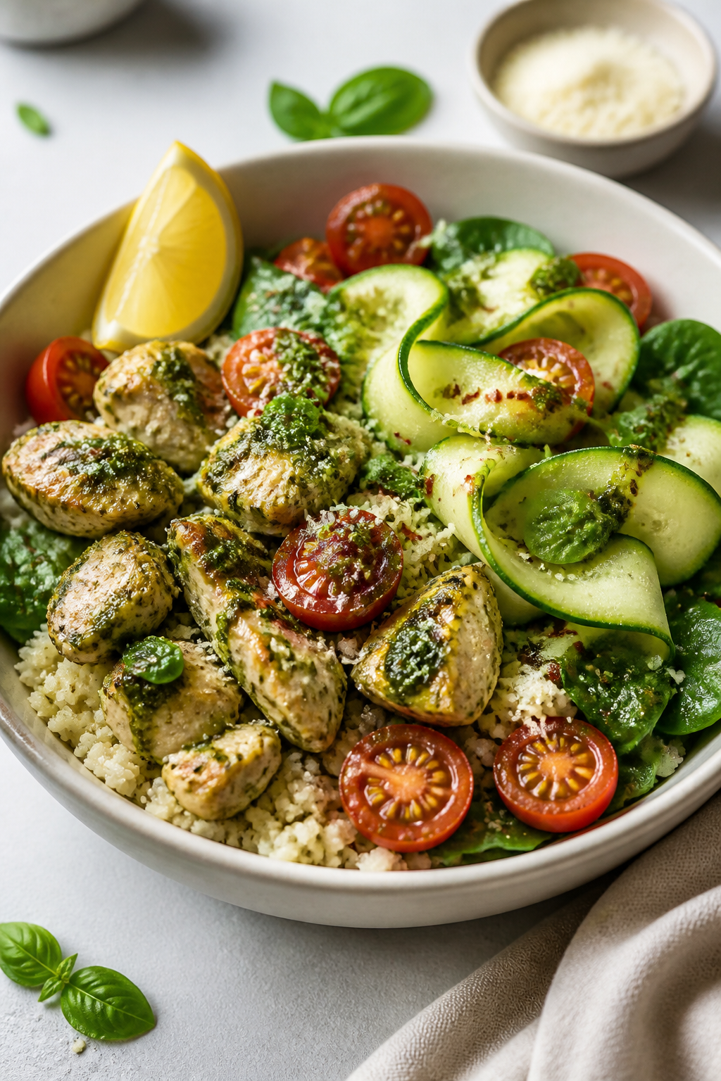Final dish, plated presentation: Beautifully composed Healthy Keto Chicken Pesto Bowl in a matte whi