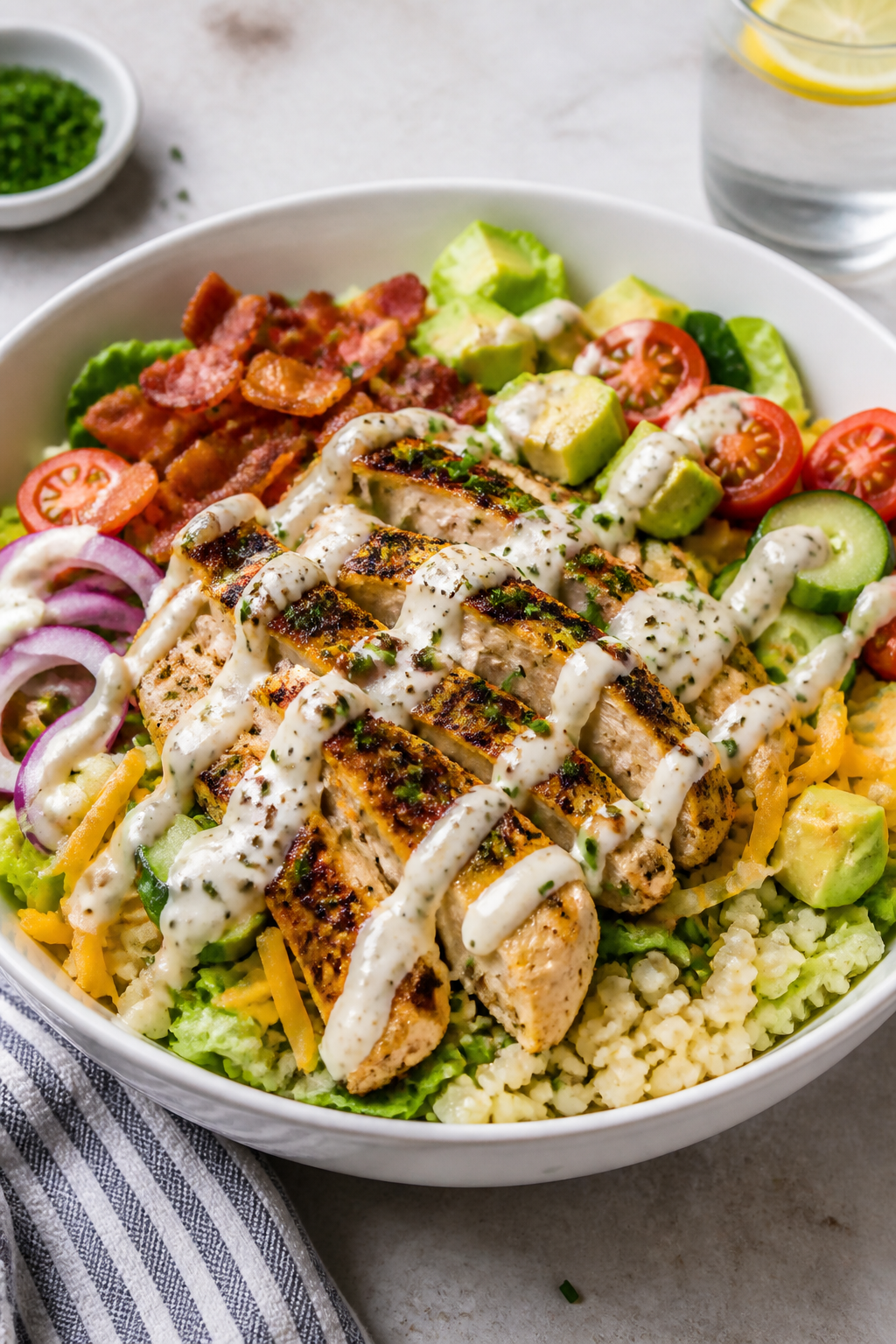 Final dish, plated presentation: High Protein Keto Chicken Bacon Ranch Bowl beautifully composed in 