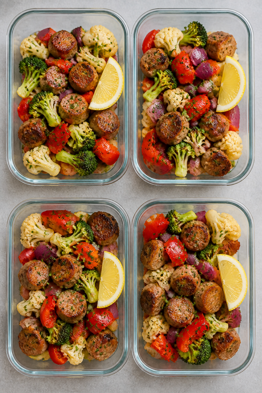 Final dish, plated presentation, overhead: A neatly portioned meal-prep container quartet arranged g