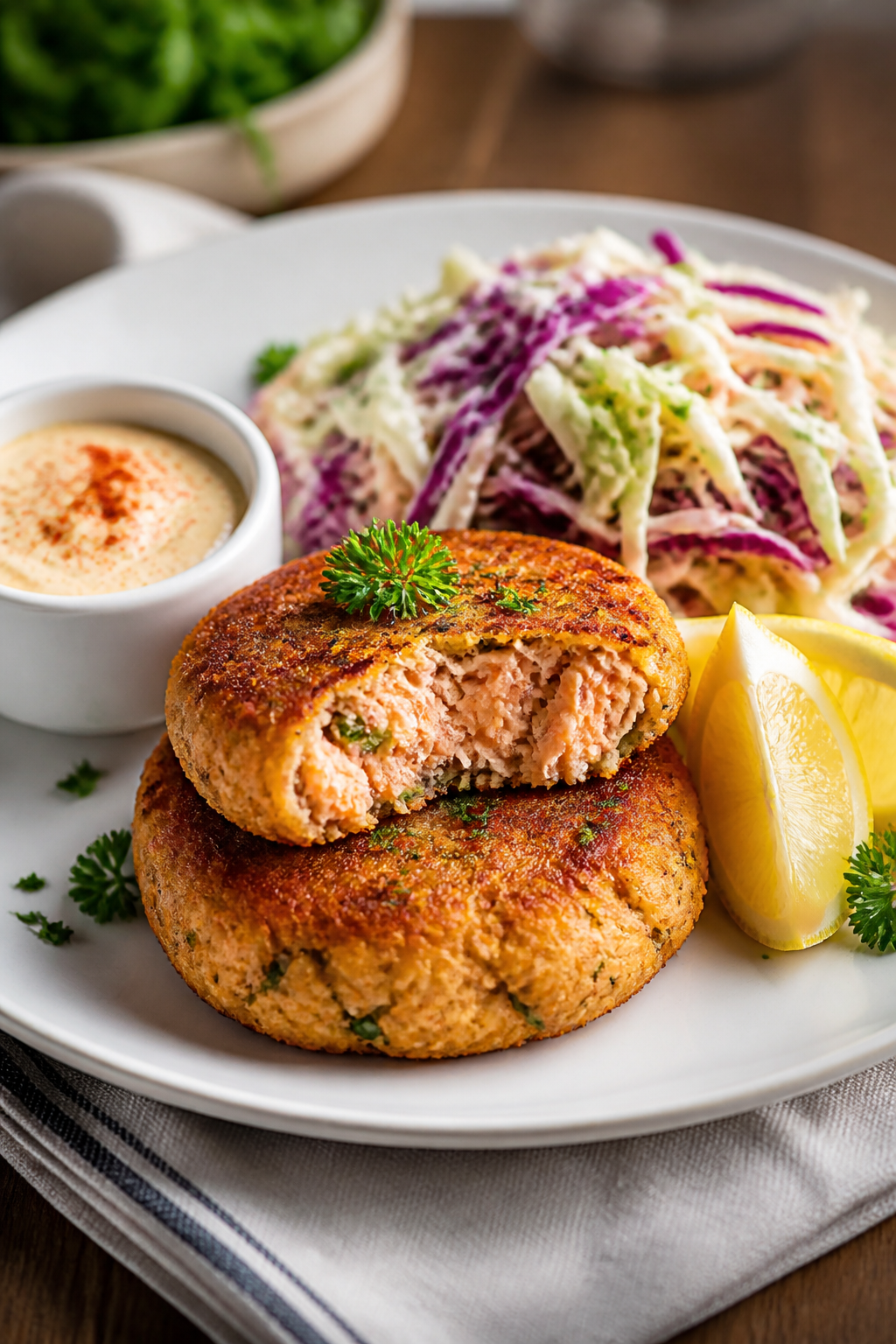 Final dish plating: Two Southern-style keto salmon patties stacked slightly offset on a matte white 