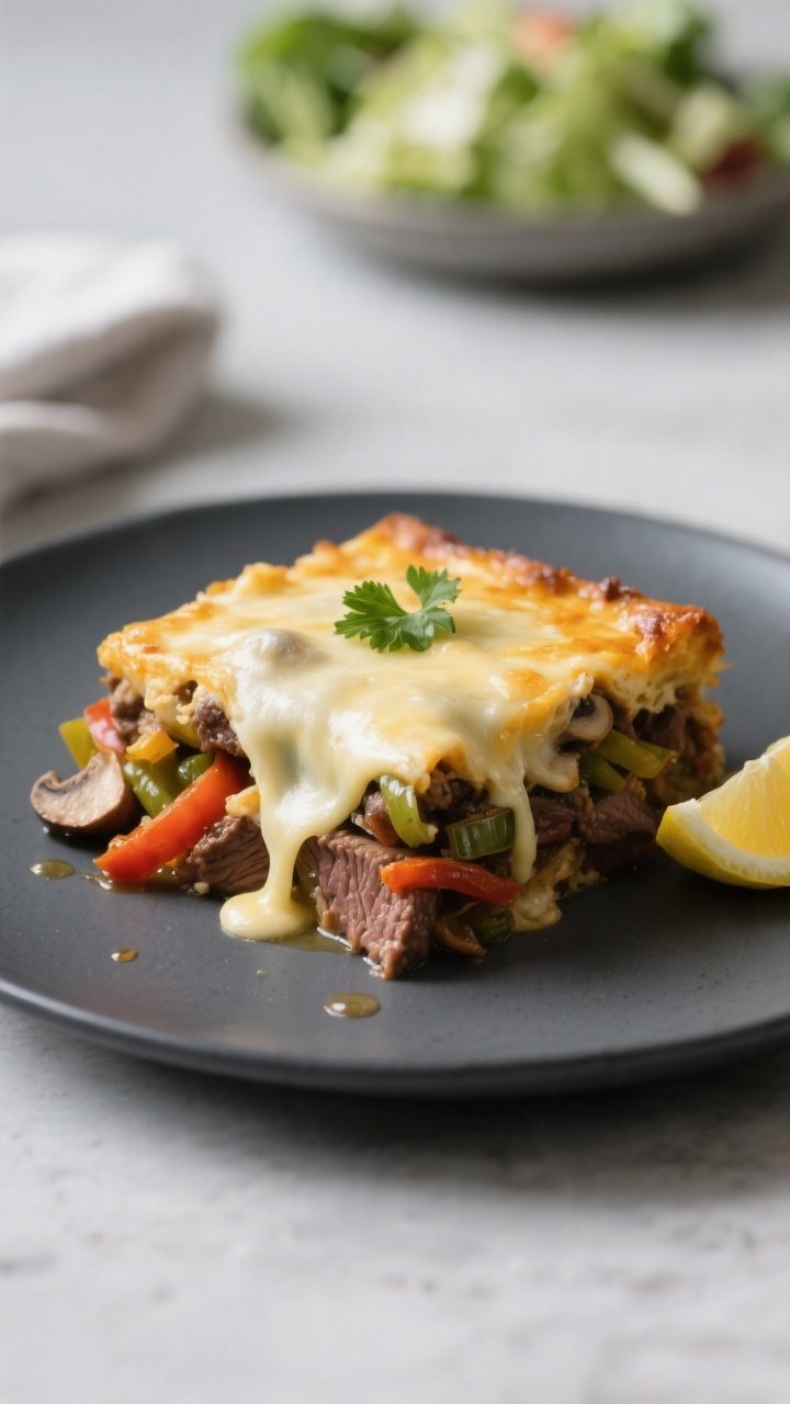 Final dish presentation: A generous square of Low Carb Philly Cheesesteak Casserole plated on a matt