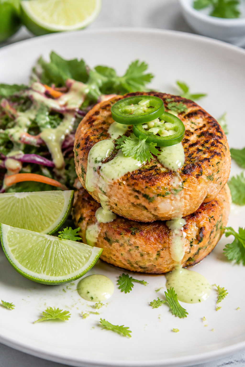 Final dish presentation: Beautifully plated Avocado Lime Keto Salmon Cakes stacked two-high on a mat