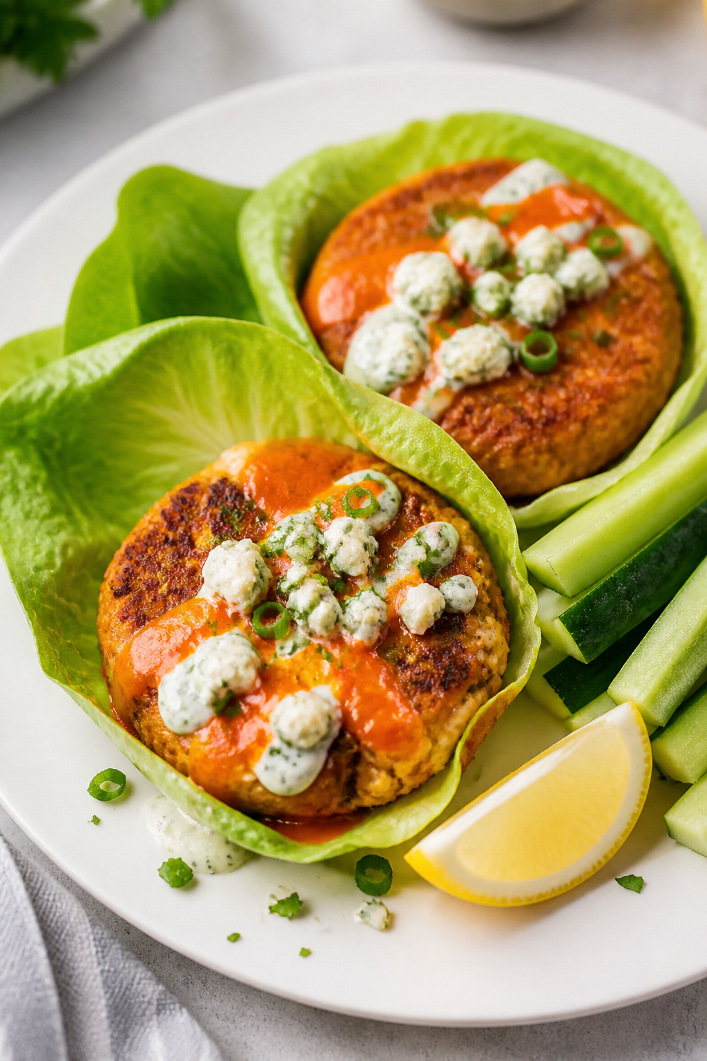 Final dish presentation: Beautifully plated Buffalo Keto Salmon Cakes tucked into crisp butter lettu