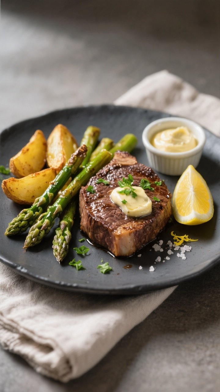 Final dish presentation: Beautifully plated garlic butter steak bites with roasted asparagus and gol