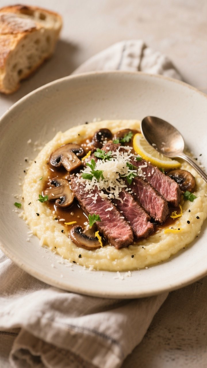 Final dish presentation: Beautifully plated Garlic Parmesan Steak & Mushrooms over creamy polenta on