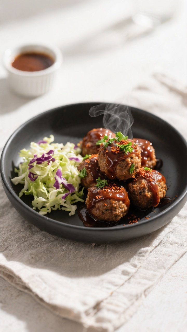 Final dish presentation: Beautifully plated Keto BBQ Bacon Meatballs stacked in a shallow matte-blac