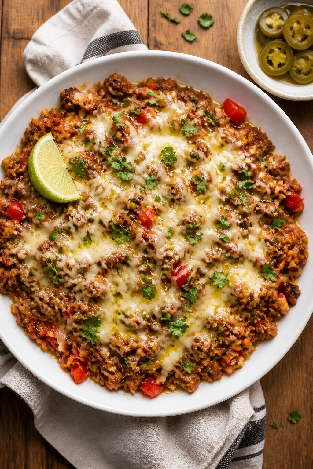Final dish presentation: Beautifully plated Keto Beef and Cauliflower Rice Skillet in a wide, shallo