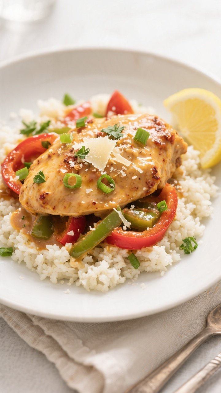 Final dish presentation: Beautifully plated Keto Crockpot Creamy Cajun Chicken over a bed of caulifl