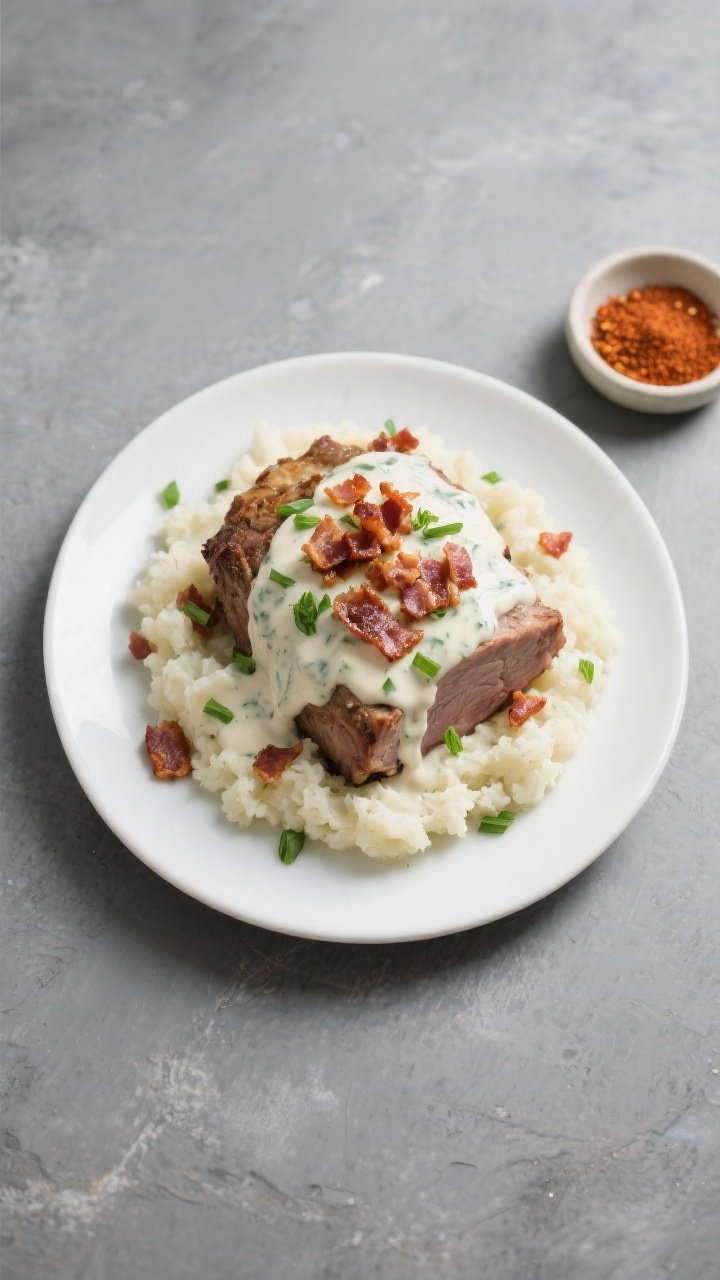 Final dish presentation: Beautifully plated Keto Crockpot Ranch Bacon Pork Roast served over creamy 
