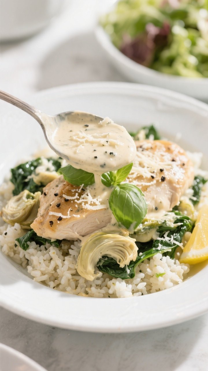 Final dish presentation: Beautifully plated Keto Crockpot Spinach Artichoke Chicken over cauliflower