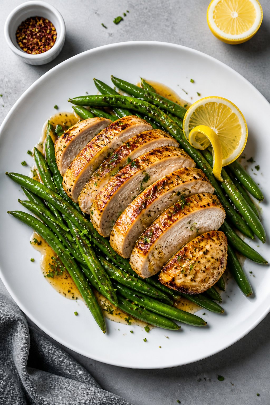 Final dish presentation: Beautifully plated Keto Chicken and Green Bean Skillet on a matte white din