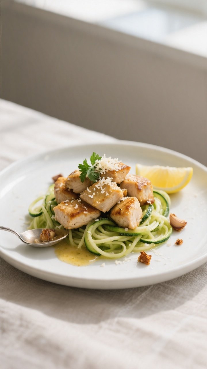 Final dish presentation: Beautifully plated Keto Garlic Butter Chicken Bites piled on a matte white 